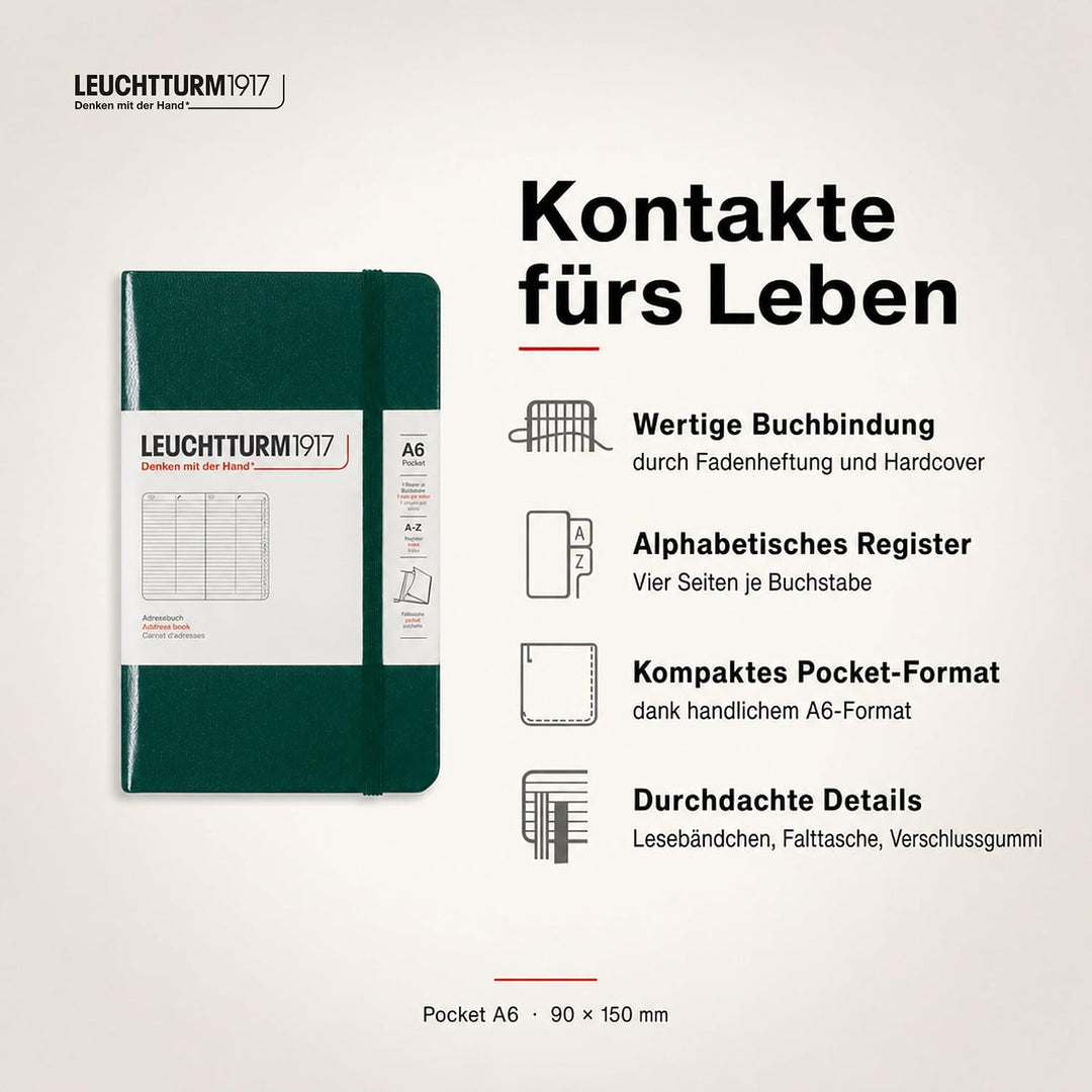 LEUCHTTURM1917 370362 Adressbuch Pocket (A6), Hardcover, Forest Green Forest Green Pocket (A6), Fore