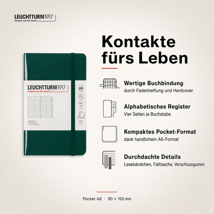 LEUCHTTURM1917 370362 Adressbuch Pocket (A6), Hardcover, Forest Green Forest Green Pocket (A6), Fore