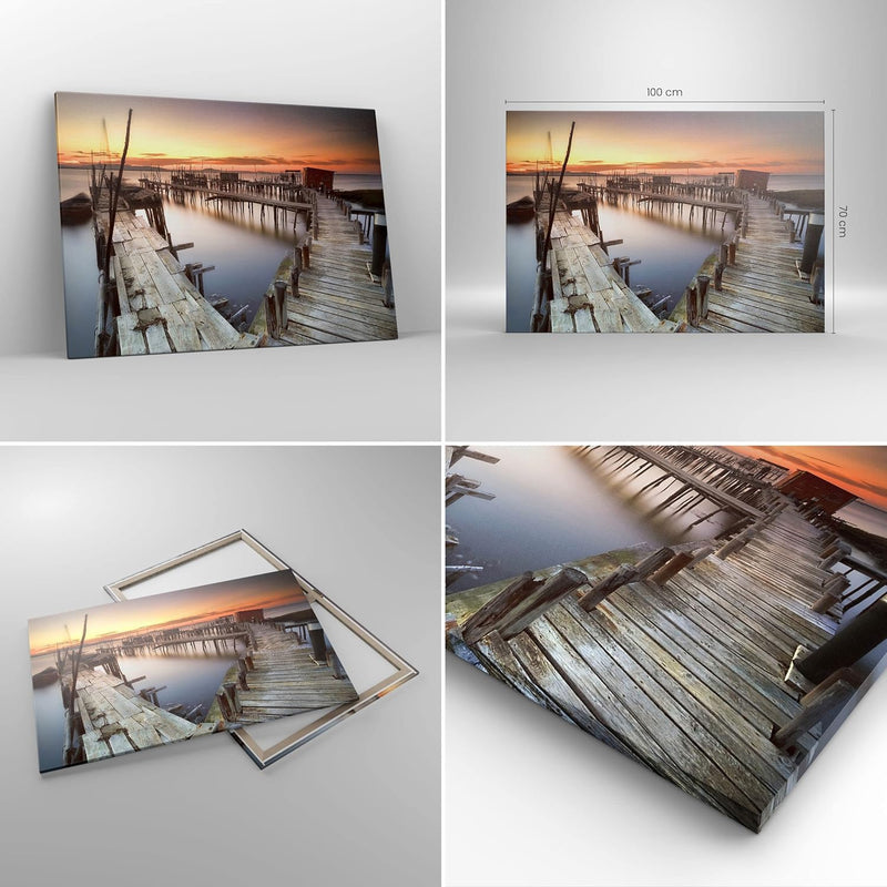 Bilder auf Leinwand 100x70cm Leinwandbild mit Rahmen Brücke Boot Meer Gross Wanddeko Bild Schlafzimm