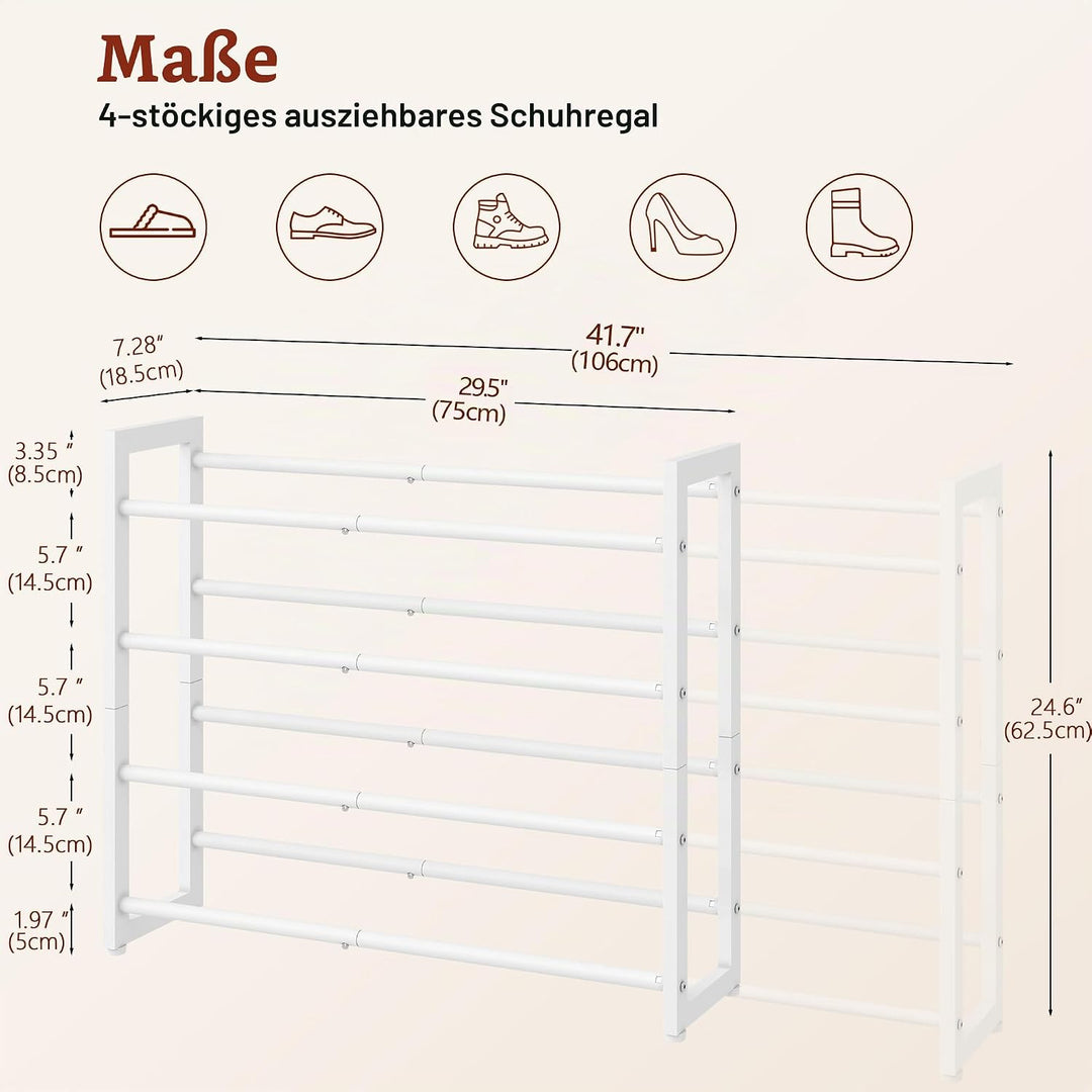FAVOOSTY 4 Ebenen Schuhregal Metall Ausziehbares Weiss, Verstellbar Platzsparend, Shoes Rack, Robust