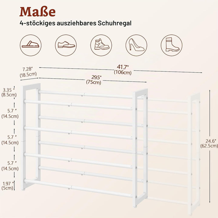 FAVOOSTY 4 Ebenen Schuhregal Metall Ausziehbares Weiss, Verstellbar Platzsparend, Shoes Rack, Robust