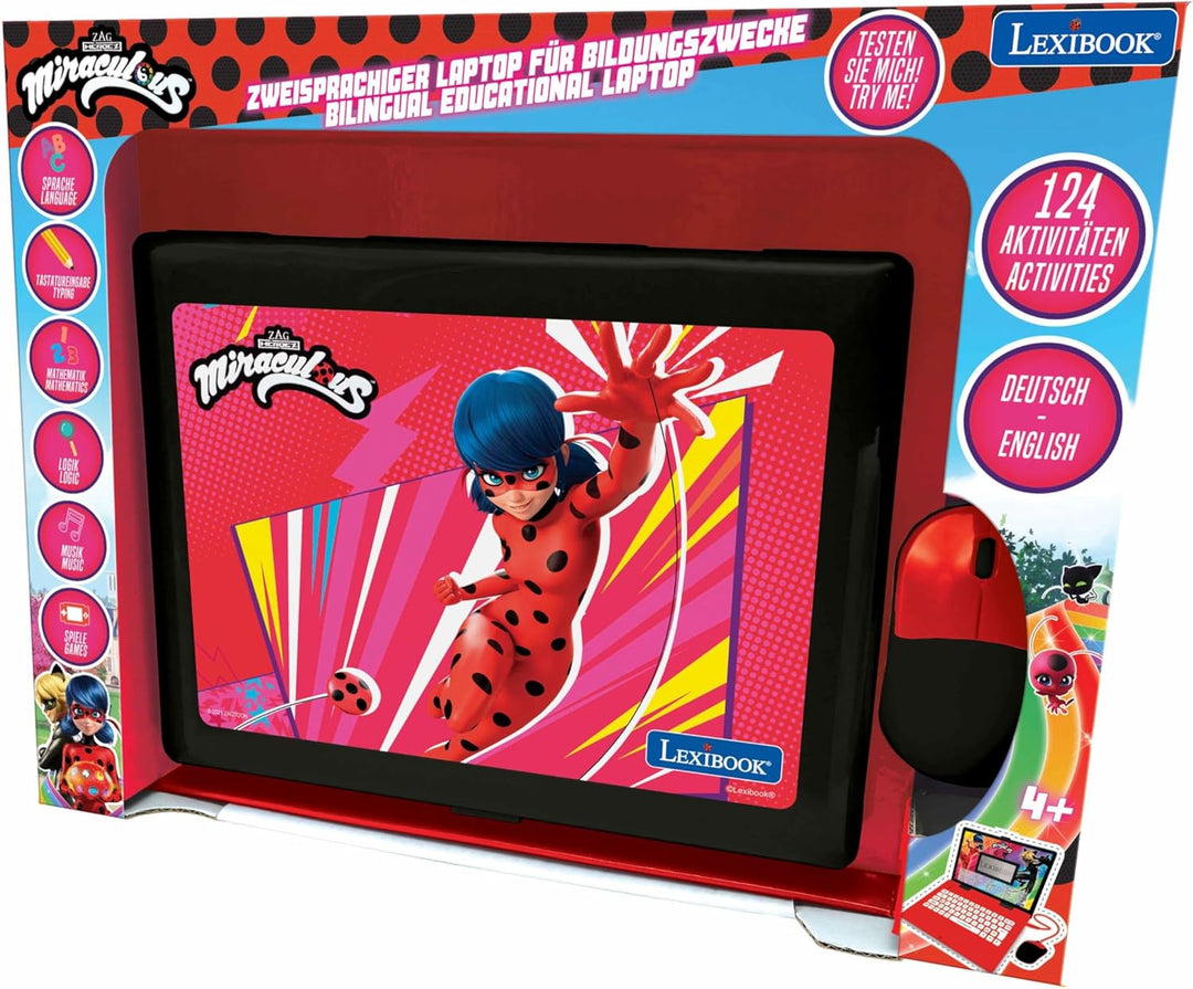 Lexibook Miraculous mit Ladybug - Zweisprachiger Laptop für Bildungszwecke Englisch und Deutsch, 124