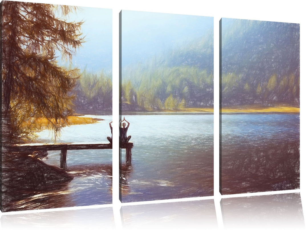 Pixxprint Yoga am See / 3-Teilig/Gesamtmass 120cm Leinwandbild bespannt auf Holzrahmen/Wandbild Kuns