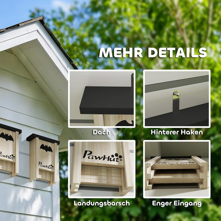PawHut Fledermauskasten 3er-Set, Fledermaushaus, Nistkasten für Fledermäuse, Fledermausbox zum Aufhä