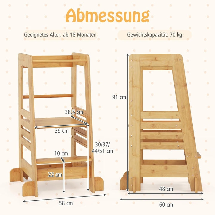 COSTWAY Lernturm Kinder aus Bambus, Tritthocker Montessori mit 4 verstellbaren Höhen & Sicherheitsge