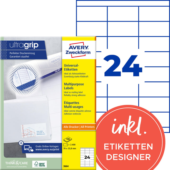 AVERY Zweckform 3664 Adressaufkleber (2.400 Klebeetiketten, 70x33,8mm auf A4, Papier matt, individue