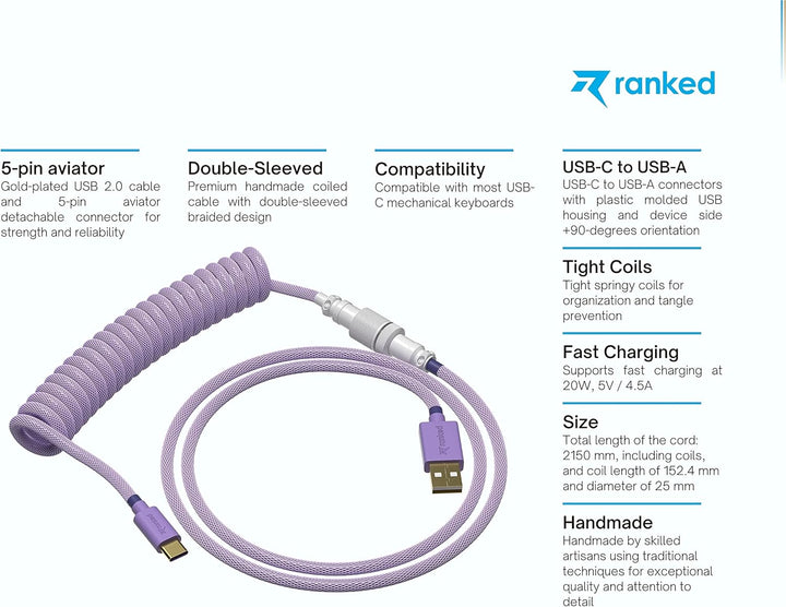 Ranked Coiled Cable | Handgefertigtes Double-Sleeved Geflochtenes Kabel | USB Typ C auf A | 5-Pin Av