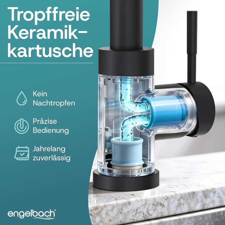 Engelbach® Wasserhahn Küche Schwarz - ausziehbar & 360 Grad schwenkbar für maximale Reichweite - 304