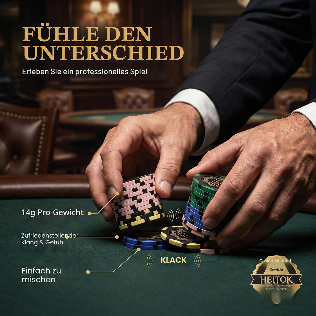 Pokerkoffer 500 Stück, Premium Poker Set im extrem stabilen Polycarbonat-Koffer (Kein Alu) – 14g Cla