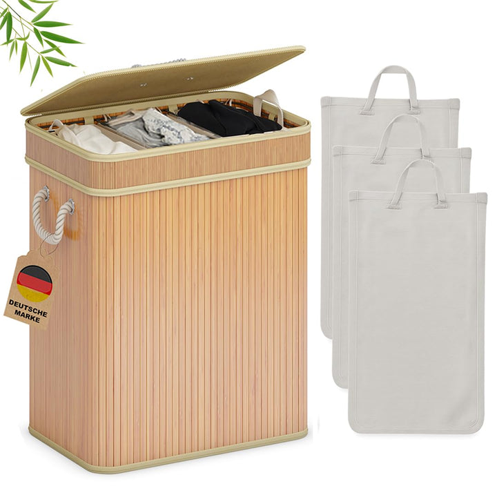 AdelDream Wäschekorb 150L Bambusoptik mit Deckel & Griffen, 3-Fach Wäschesammler Faltbar, Wäschebox
