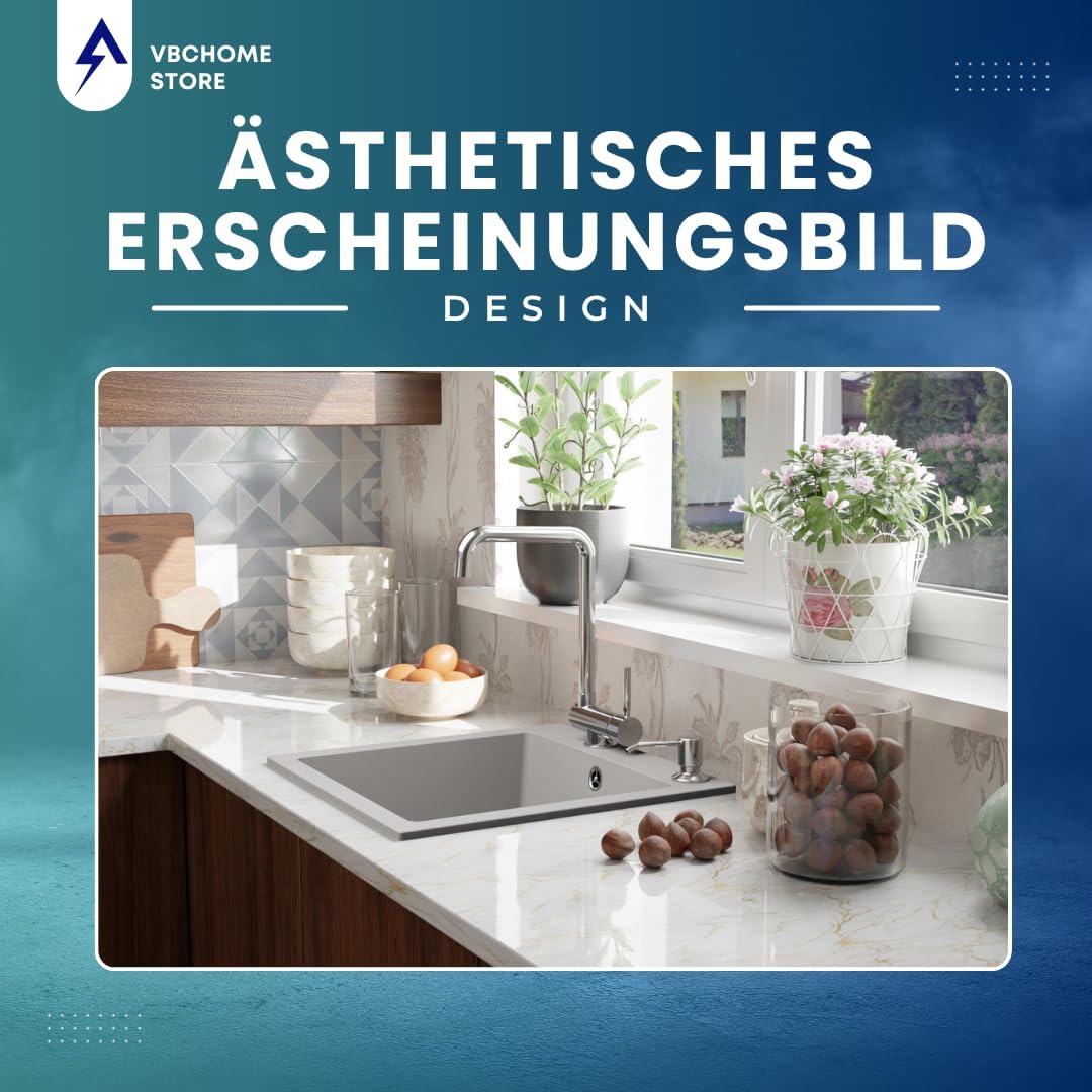 VBChome Granitspüle 50 x 48 cm Grau mit flexibler Armatur Einzelbecken Einbauspüle Gesprenkelt Pfleg