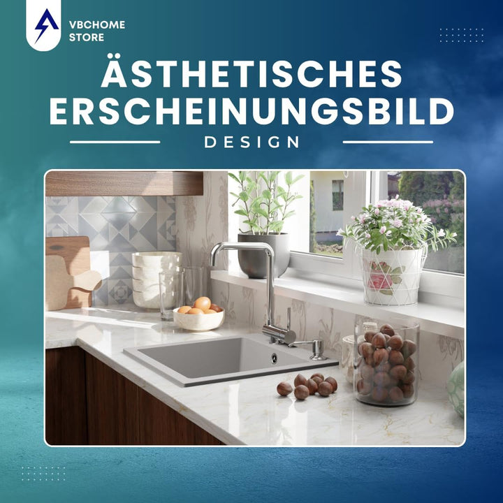 VBChome Granitspüle 50 x 48 cm Grau mit flexibler Armatur Einzelbecken Einbauspüle Gesprenkelt Pfleg