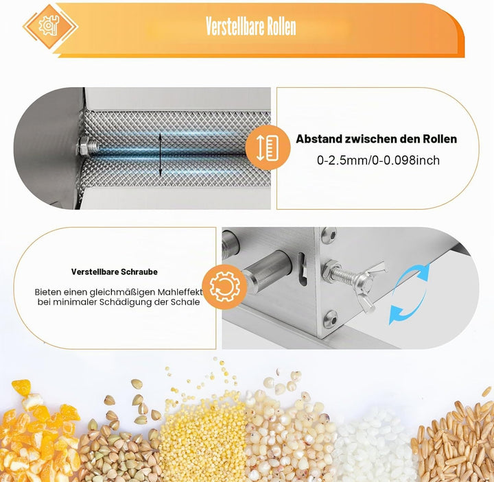 Manuelle Getreidemühle, 4L Edelstahl Getreidequetsche GerstenmüHle Malt Crusher Futtermühle Schrottm
