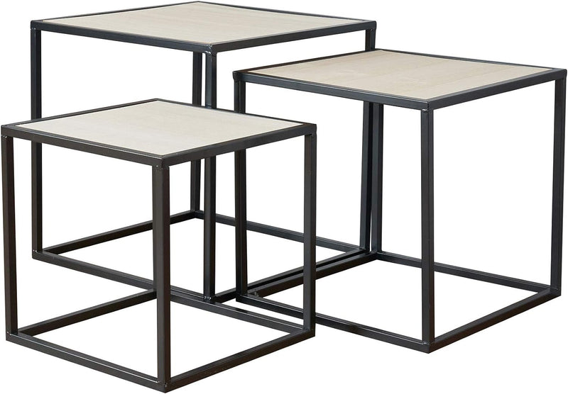 levandeo 3er Set Beistelltisch Metall Schwarz Holz Cube quadratisch Couchtisch Industrial Design Dek