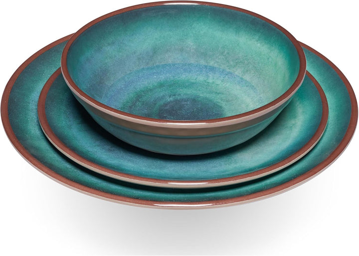 Melamin Geschirr Set Jesolo Grün für - mit Edelstahltassen Steingutoptik Spülmaschinengeeignet Campi