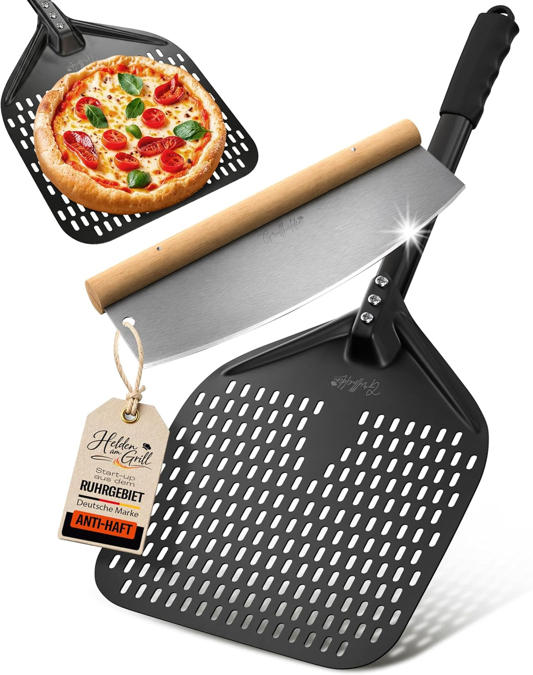 Pizzaschieber Set mit Pizzaschneider - grosser perforierter Pizzaschieber mit Antihaft-Beschichtung