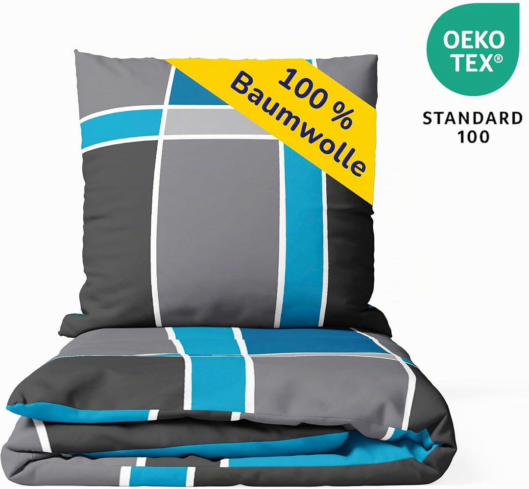 Träumschön Bettwäsche 135x200 4teilig - Bettwäsche Set im Karo Design - Biber Bettwäsche 4tlg aus 10