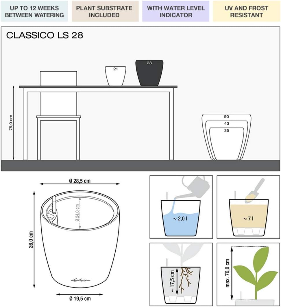 LECHUZA CLASSICO Premium LS 28 silber metallic 16048 28.5x28.5x26 cm Silber Metallic Single, 28.5x28