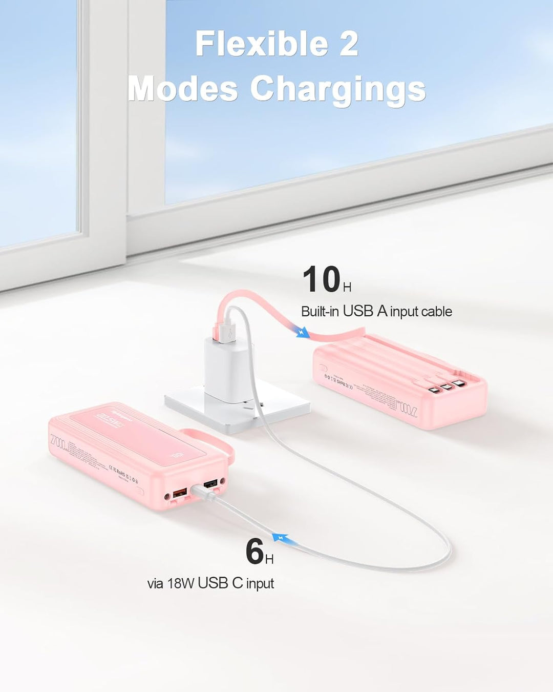 Powerbank 27000mAh mit 4 integrierten Kabel, 30W Power Bank USB C Schnellladefunktion mit LED Displa