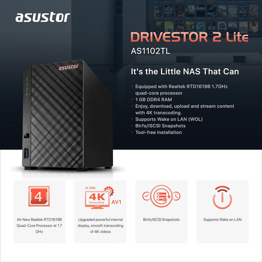 Asustor Drivestor 2 Lite AS1102TL, 2 Bay NAS Gehäuse Netzwerkspeicher, 1.7GHz Quad Core, 1GbE Port,