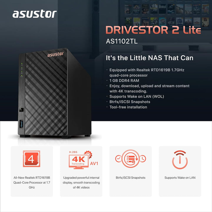 Asustor Drivestor 2 Lite AS1102TL, 2 Bay NAS Gehäuse Netzwerkspeicher, 1.7GHz Quad Core, 1GbE Port,