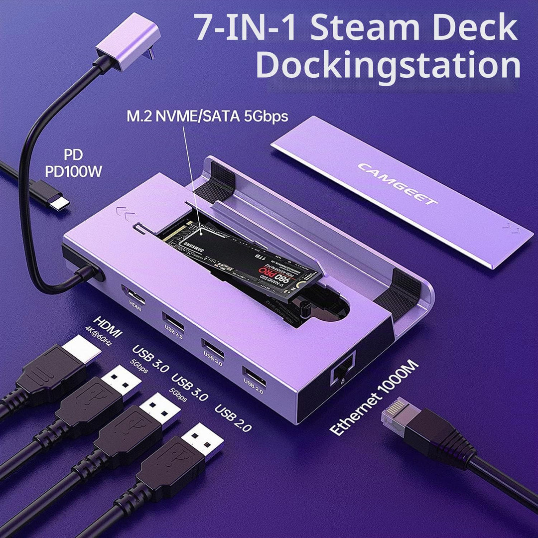 Steam Deck Dock, 7-in-1 Steam Deck Docking Station mit M.2 NVME SSD Gehäuse,HDMI 2.0 4K@60Hz,PD 100W