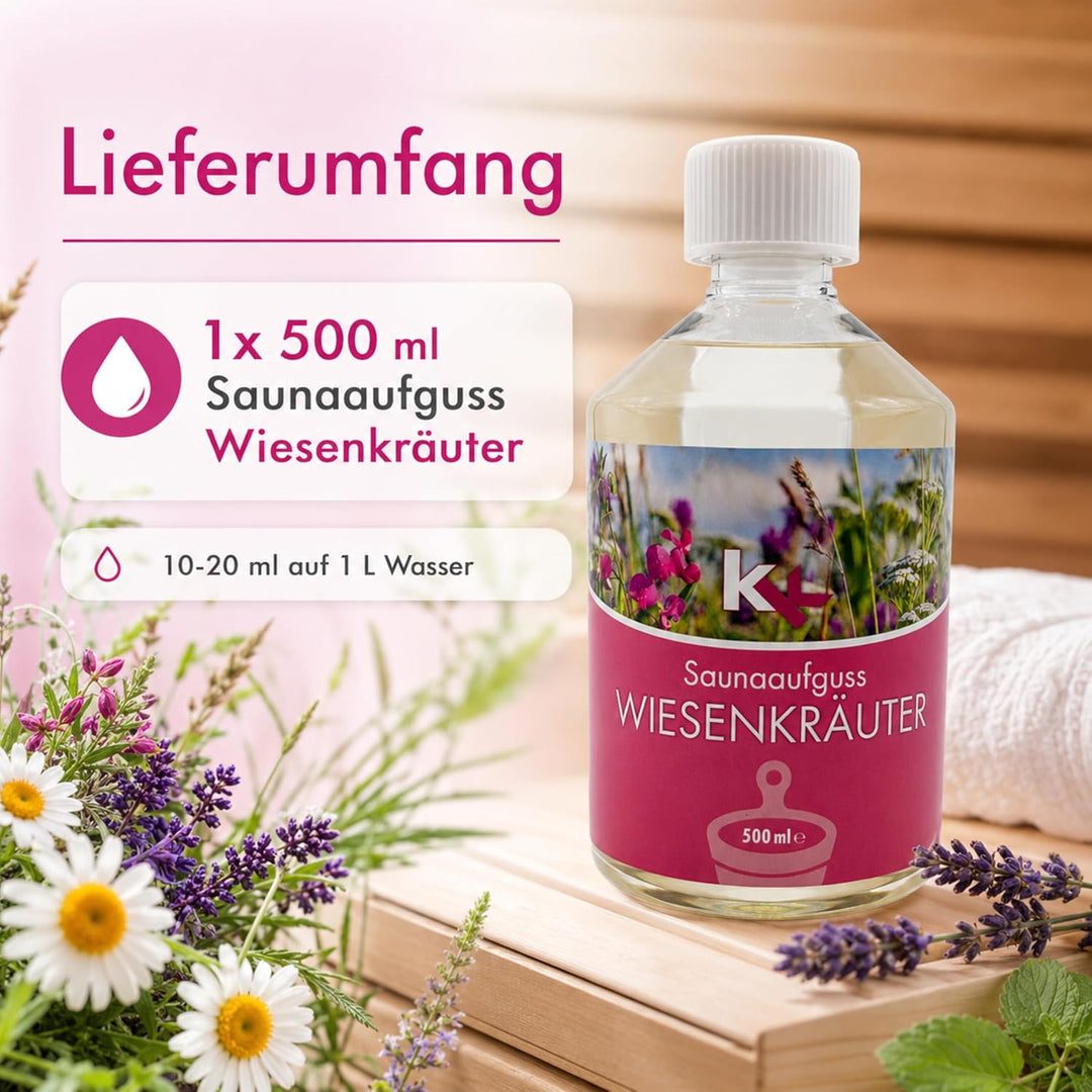 KK Sauna Aufguss Konzentrate PREMIUM - Made in Germany - Duftsorte Wiesenkräuter - 500 ml Flasche -