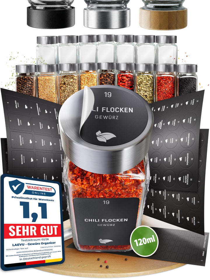 LAEVU Gewürzgläser eckig - 24er Gewürzgläser Set aus Glas [120 ml] - Gewürzgläser mit Streueinsatz i