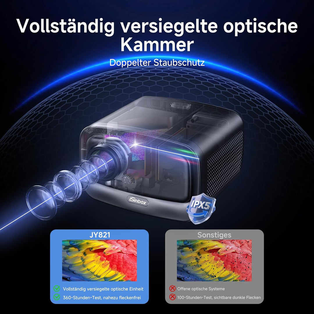4K Beamer kompatibel mit Netflix & 36W Kino Sound | iSinbox Smart Beamer 1500 ANSI, HDR10+, Autofoku