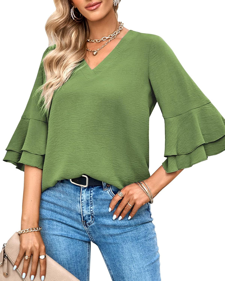 Tanmolo Damen Bluse Elegant V-Ausschnitt 3/4 Ärmel Lässige Blusen mit Rüschenärmel Tunika Tops Grasg