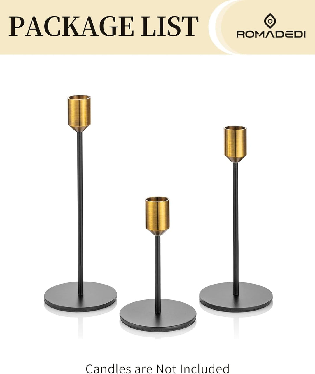 Romadedi Kerzenständer Gold & Schwarz - 3er-Set Hoch Kerzenhalter Unterschiedlicher Grösse für Stabk