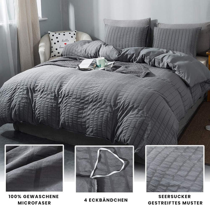 Boqingzhu Seersucker Bettwäsche Grau 155x220cm Sommer Atmungsaktiv Kühlende Wende Bettwäsche Set Bet