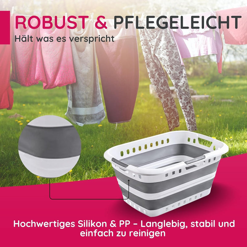 Suleno® Faltkorb 45L – Faltbarer Wäschekorb grau weiss 3 Griffe – Einkaufskorb Camping Picknick – St