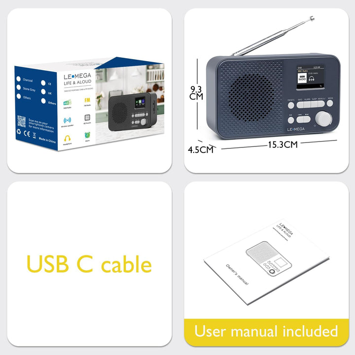 Tragbares DAB+-Radio mit Bluetooth | Wiederaufladbarer Akku mit 15 Stunden Spielzeit oder Netzbetrie