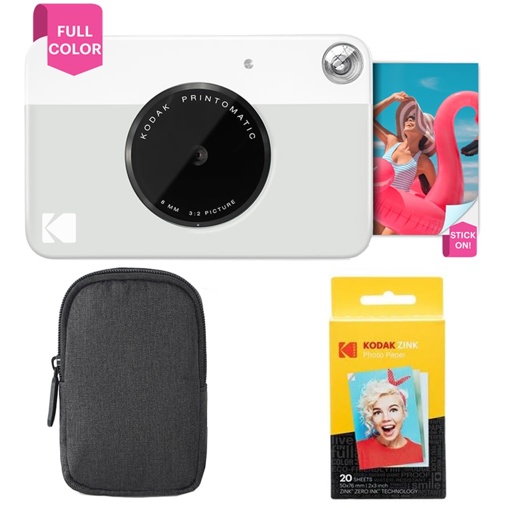 KODAK Printomatic Sofortbildkamera (Grau) Basis-Paket + Zinkpapier (20 Blätter) Etui + Bequemer Hals