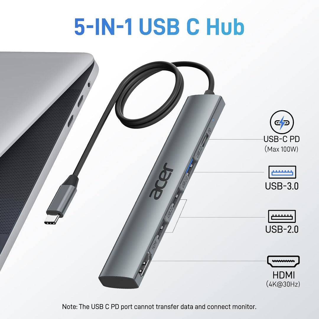 acer USB C Hub 5 in 1, Tragbarer 4K HDMI Adapter PD 100W, 3X USB-A Datenport, USB C auf HDMI Adapter