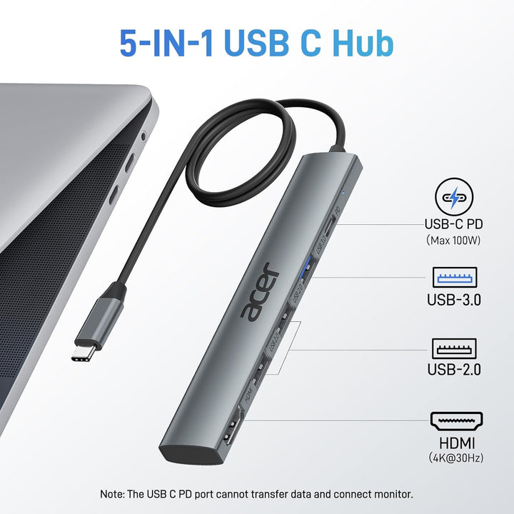 acer USB C Hub 5 in 1, Tragbarer 4K HDMI Adapter PD 100W, 3X USB-A Datenport, USB C auf HDMI Adapter