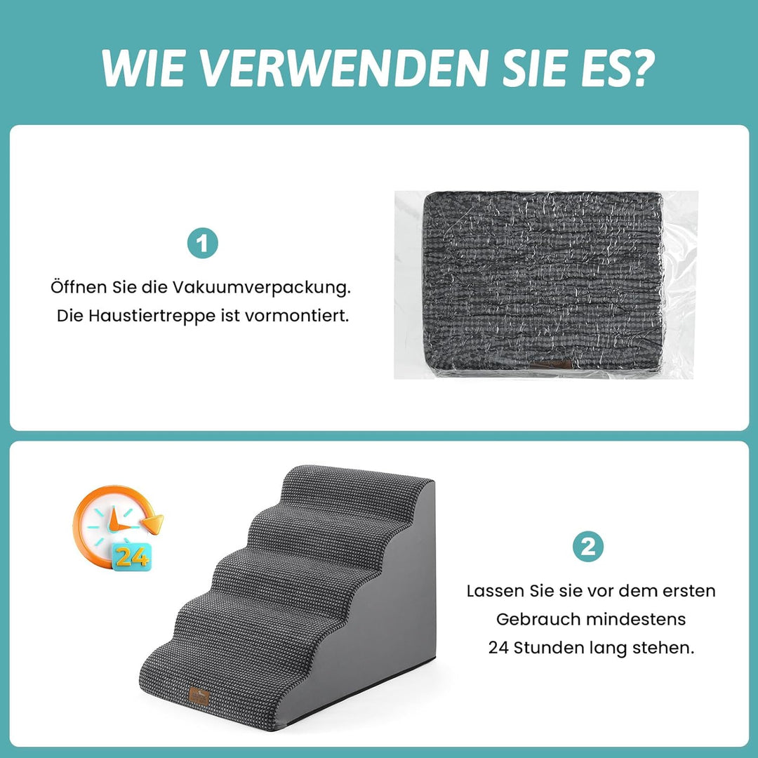 Breite Hundetreppe, kleine Haustiertreppe mit auslaufsicherer Abdeckung (Schwarz und Grau, 83x50x57c