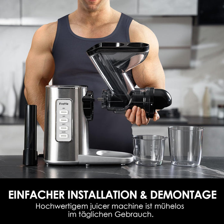 Fretta Entsafter Slow Juicer, Edelstahl Entsafter Gemüse und Obst Testsieger, 200W Cold Press Juicer