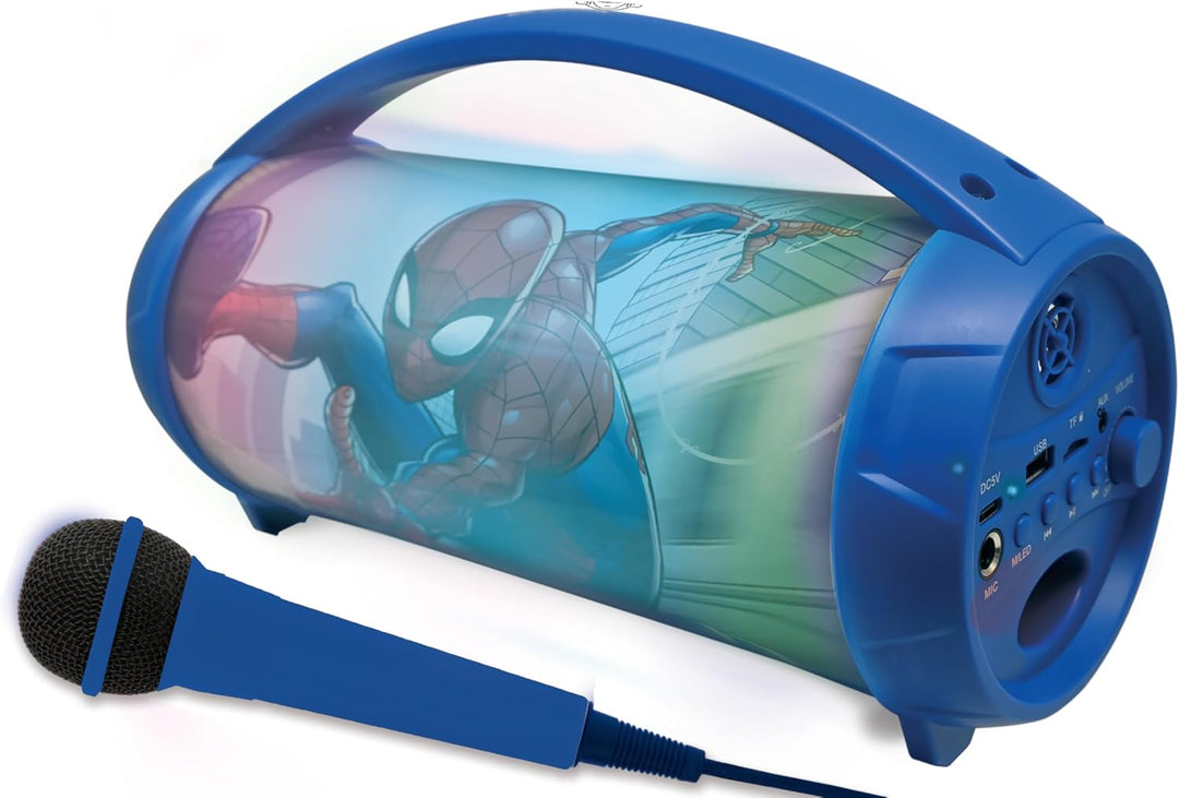 Lexibook, Spider-Man, Kabelloser Lichtlautsprecher mit Mikrofon, Stereosound, Karaoke-Funktion, USB-
