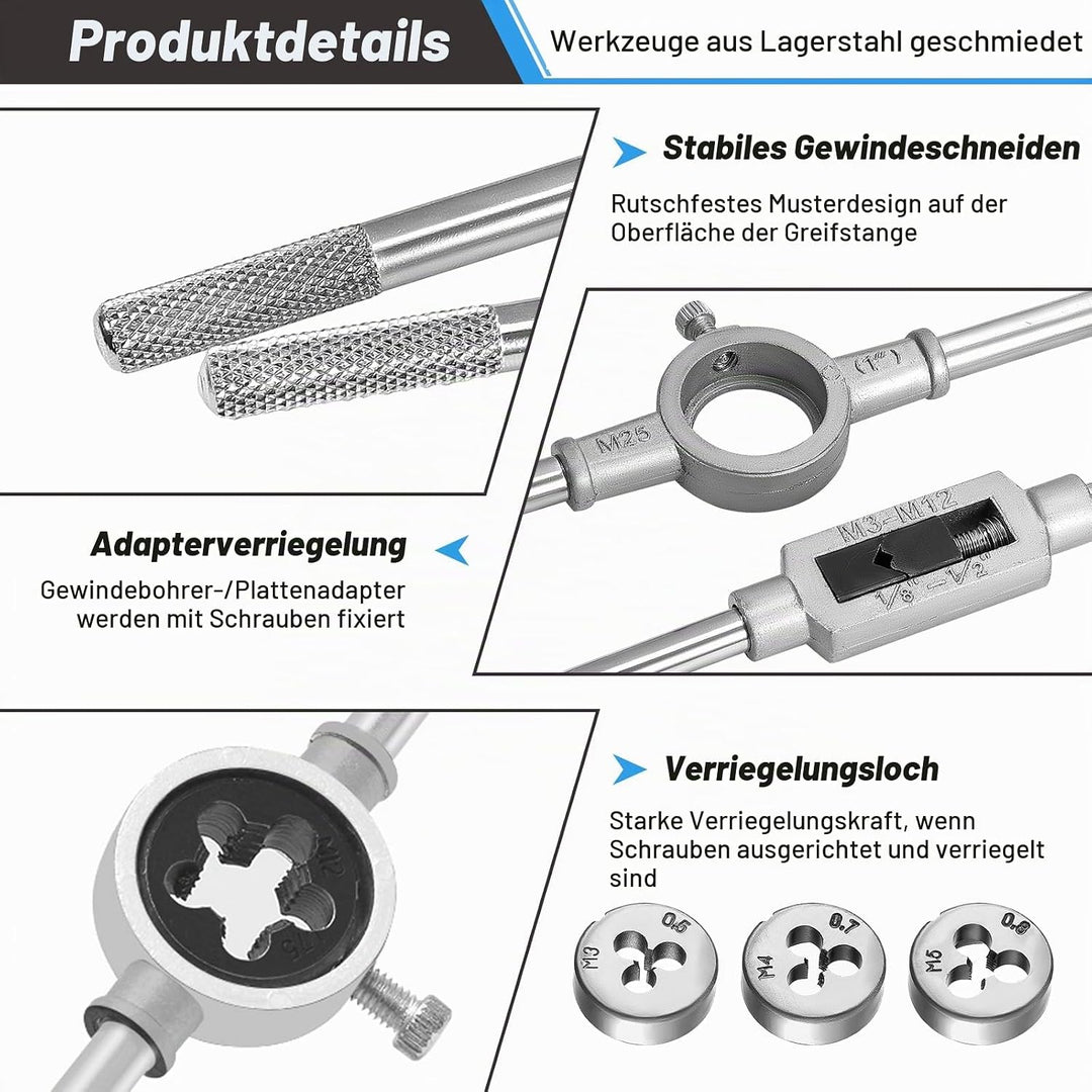 HSEAMALL Gewindeschneidsatz, 20-teilig, M3-M12 Gewindebohrer und Schneideisen 20 pcs Silver, 20 pcs