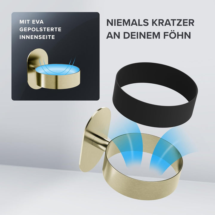 Haartrocknerhalter Godalen | Edelstahl | Gold | mit Wandmontage ohne Bohren | mit Fönpolsterung | zu