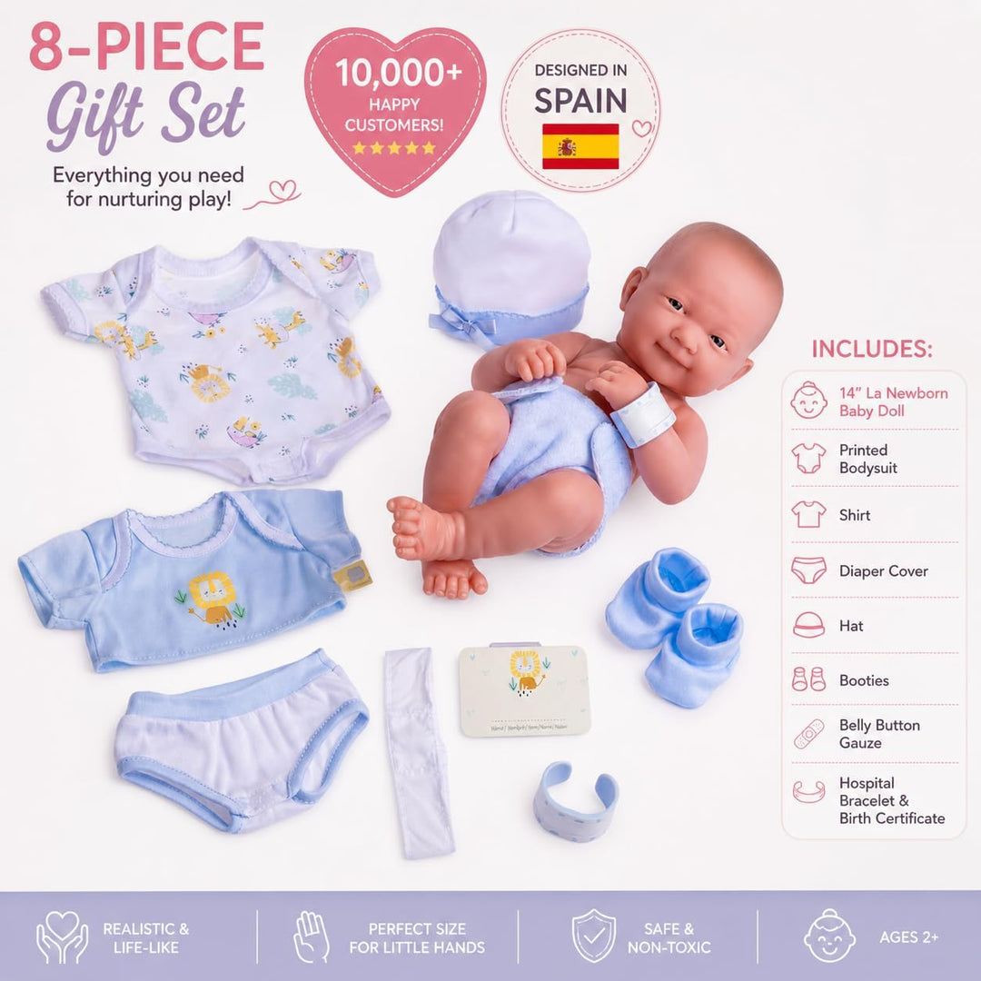 JC TOYS - La Newborn Neugeborene, 38 cm, weiches Vinyl, inkl. Kleidung und 8 Accessoires, Blau, entw