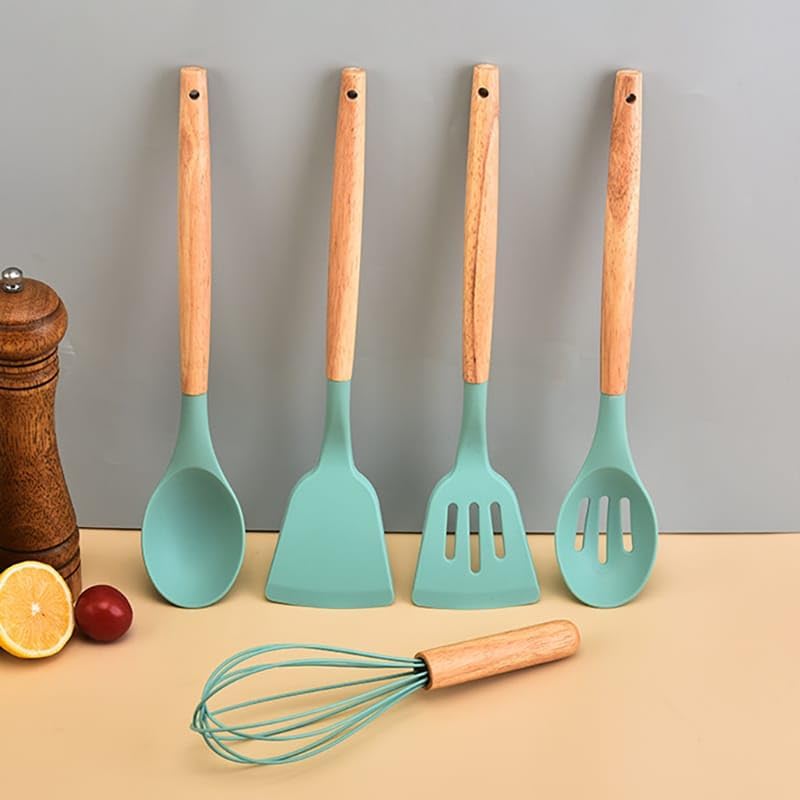 Silikon-Küchenutensilien-Set, 12-teilig, Holzgriffe, Aufbewahrungsbecher (Khaki)