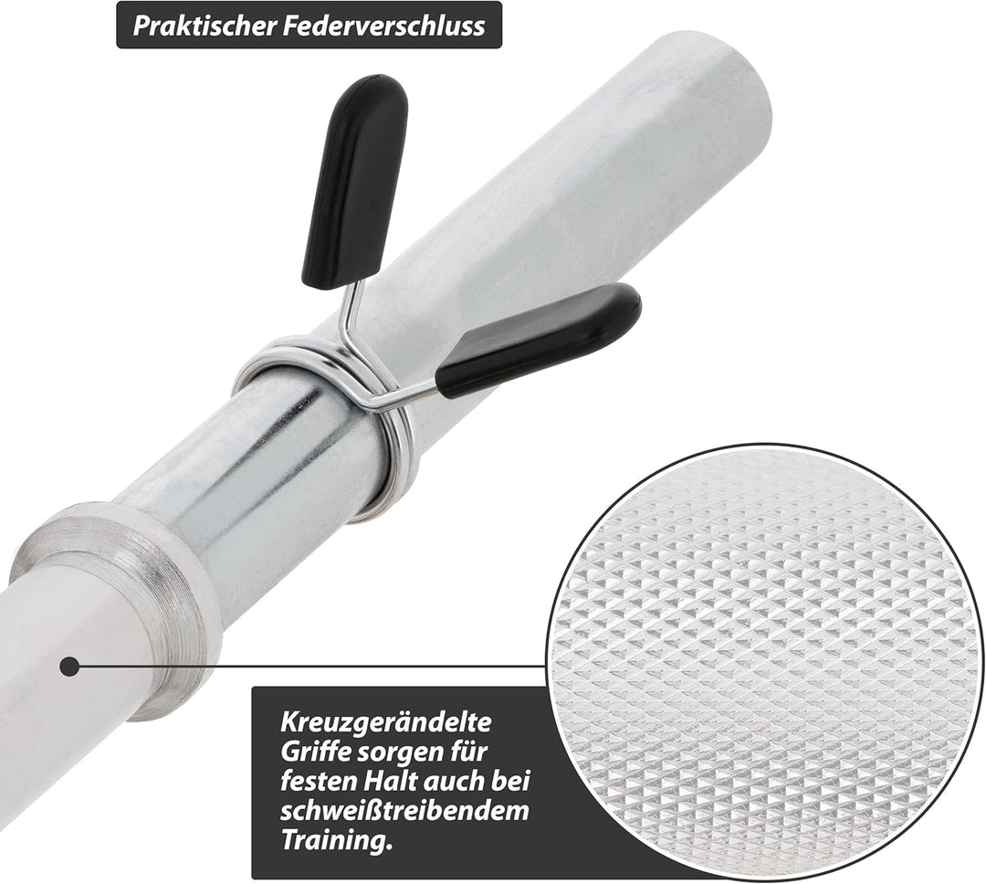 MAXXIVA® Langhantelstange - 120/140/160/180 cm, 30mm, bis 300kg, Stahl, Chrom, Federverschluss - Lan