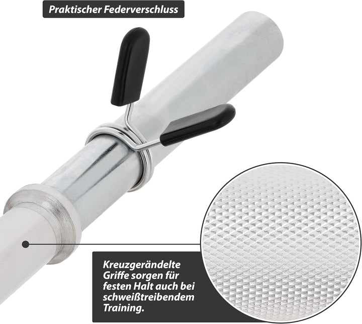 MAXXIVA® Langhantelstange - 120/140/160/180 cm, 30mm, bis 300kg, Stahl, Chrom, Federverschluss - Lan