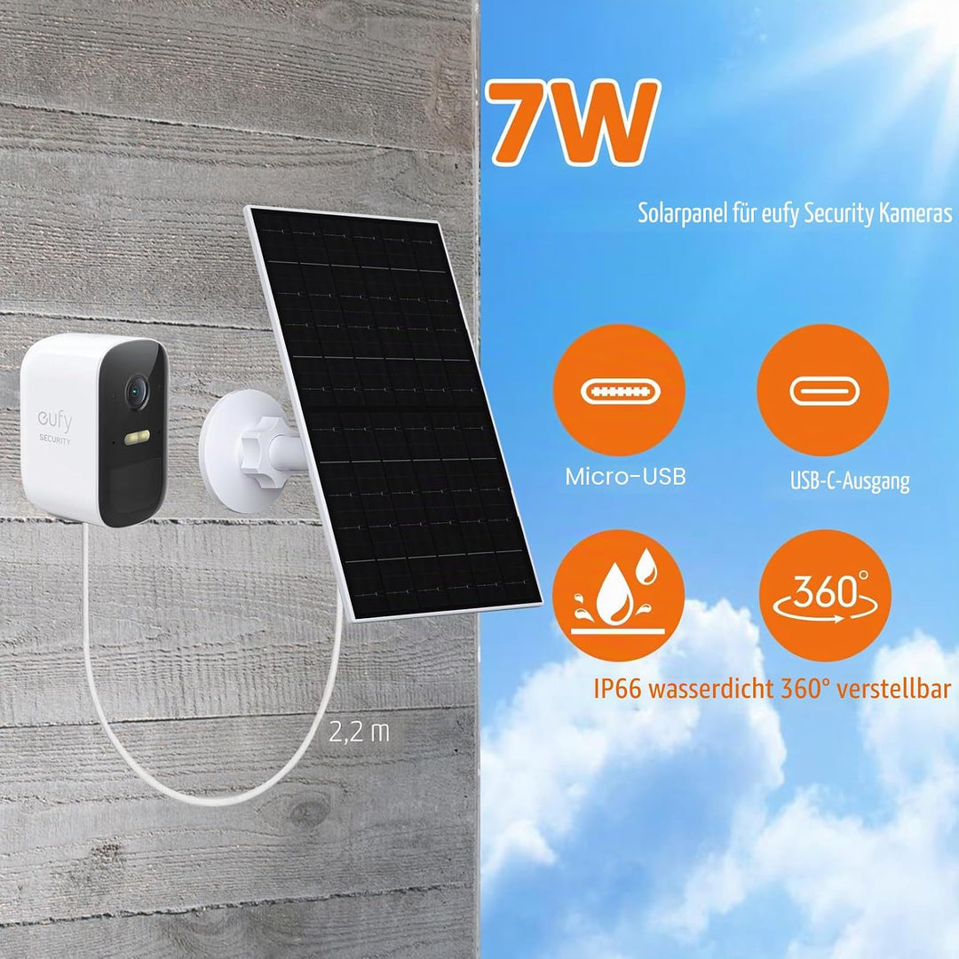 Solarpanel für Eufy Kamera, 7W Solarmodule für Eufy E, 2C/2C Pro, 2/2Pro, E20/E40, Solarpanel 5V mit