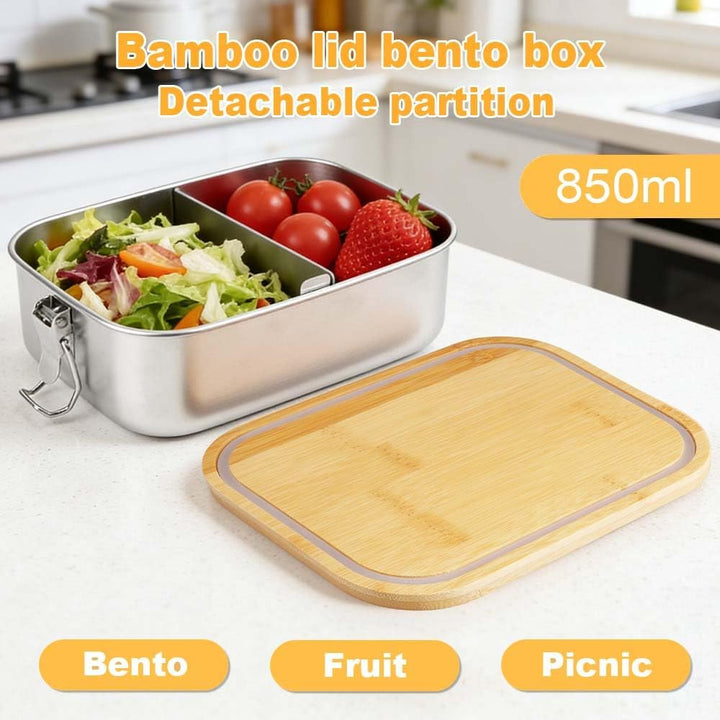 Bento Lunchbox Für Erwachsene/Kinder Edelstahl Brotdose Und Lunchbox Metalldose Mit Holzdeckel Jause