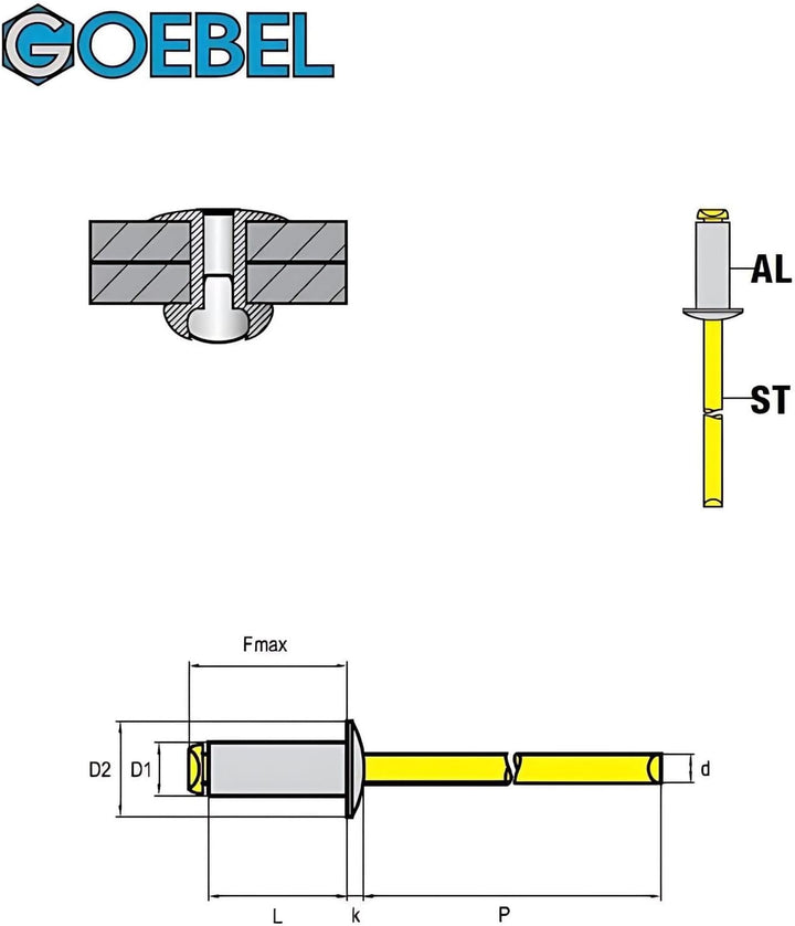 GOEBEL® - 250 x Flachkopf Blindnieten Aluminium/Stahl (Ø x L) 6,4 x 12,0 mm - ISO15977 - Flachkopf N
