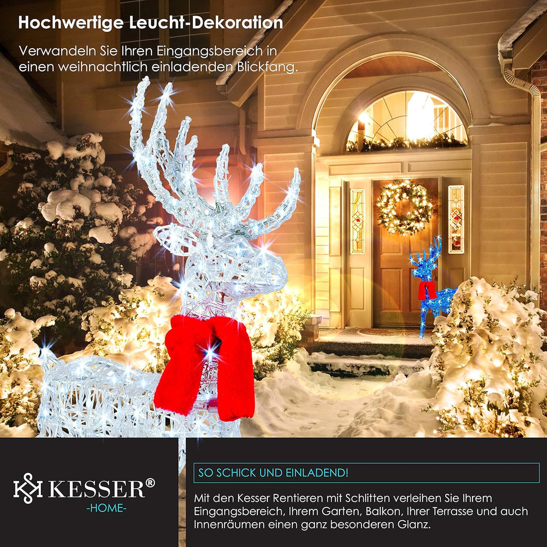 KESSER® 240er LED Rentiere mit Schlitten Mit Fernbedienung 30 Funktion, weiss/Bunt, Inkl. 2X Dekosch